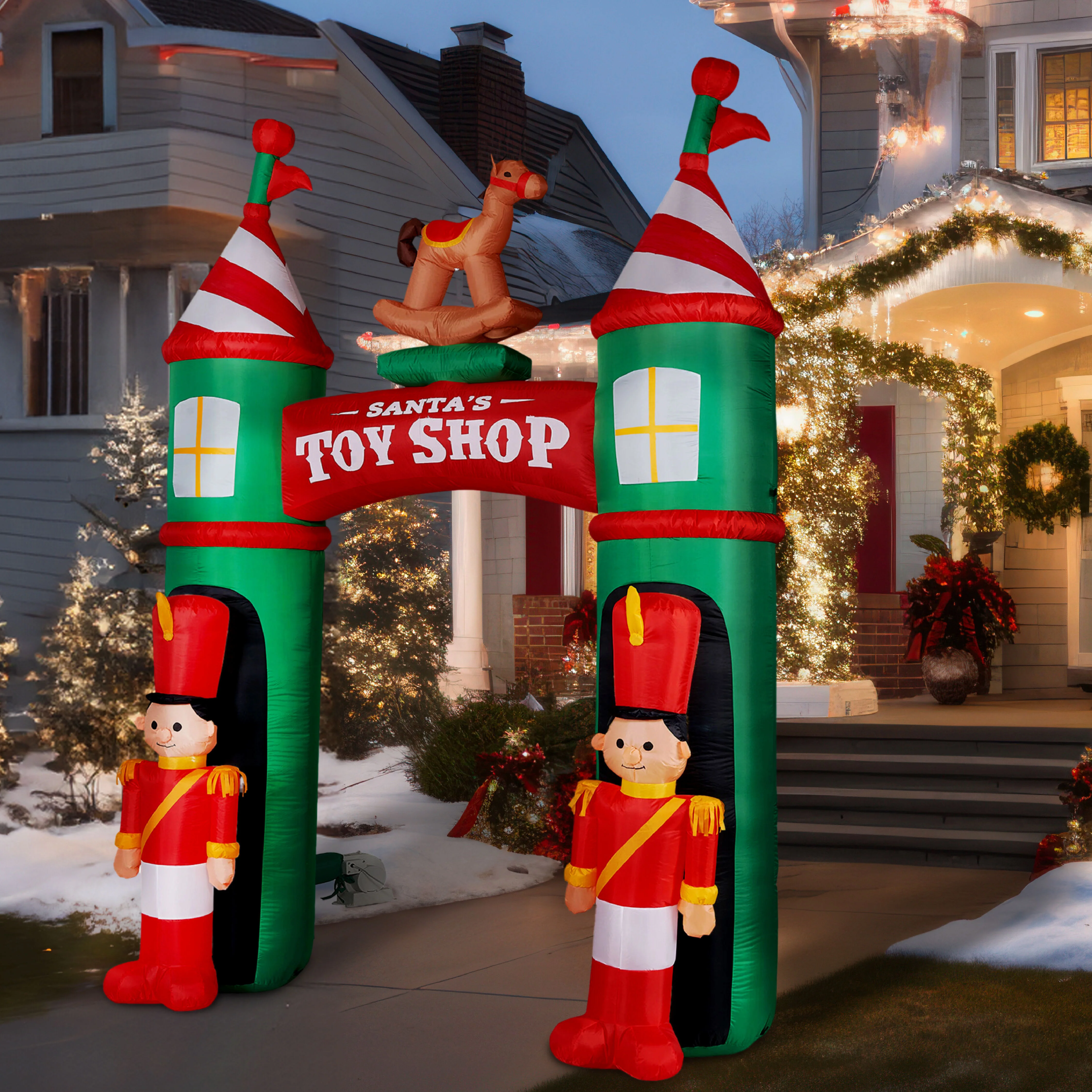 10-Ft. Santa's Toy Shop Archway w/ Toy Soldiers and Rocking Horse, Prelit Outdoor Christmas Inflatable with Storage Bag - Image 7