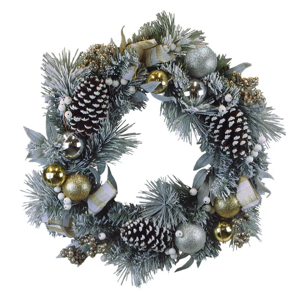 24" Silver & Gold Frosted Fir Wreath - Image 2