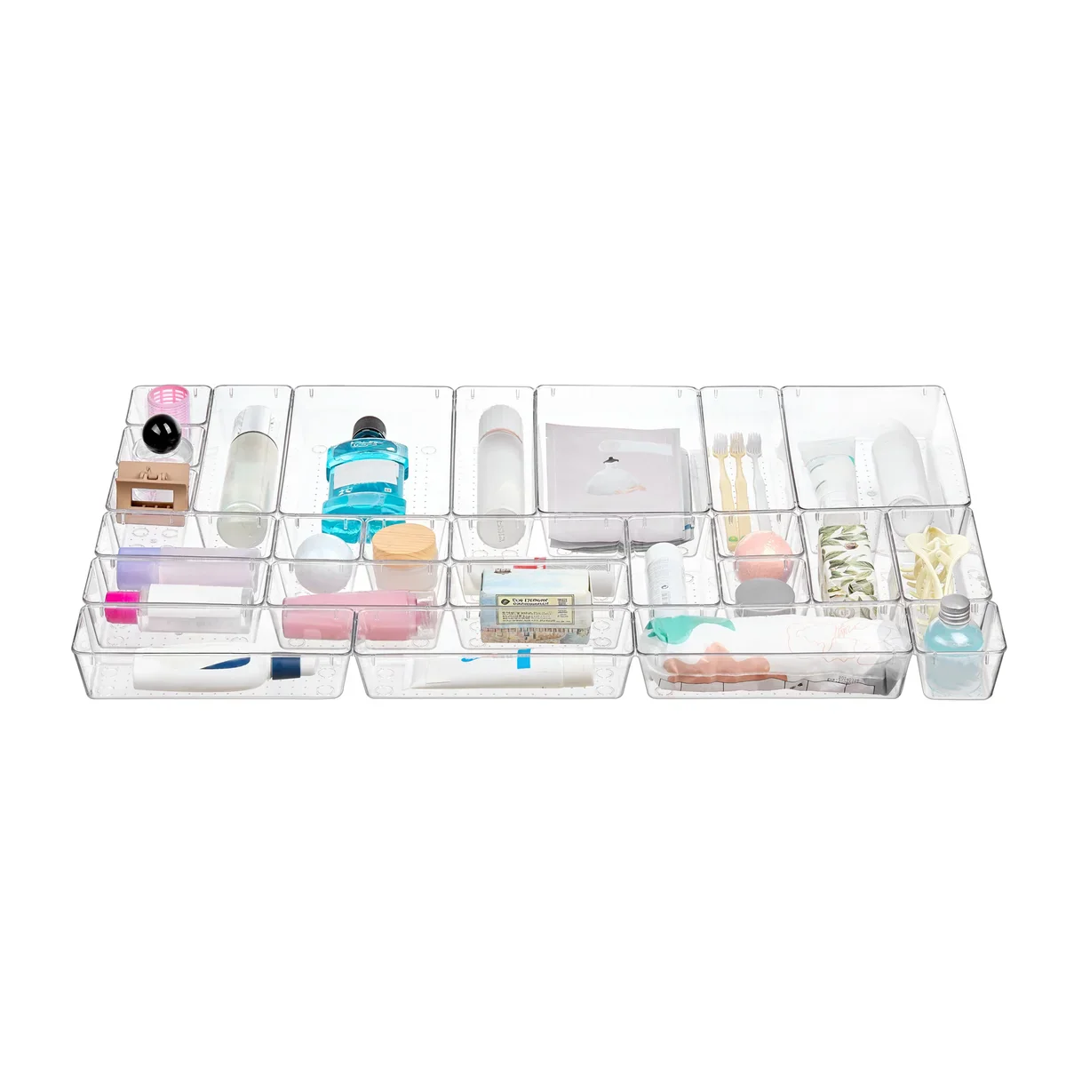 25 PCS Clear Plastic Drawer Organizers Set, 4 Sizes Clear Drawer Organizers & storage Bins for Makeup/Jewelry Vanity, Kitchen Gadgets Or Office Desk. Bathroom Drawer Organizer Trays - Image 10