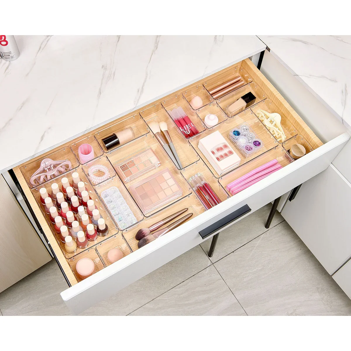 25 PCS Clear Plastic Drawer Organizers Set, 4 Sizes Clear Drawer Organizers & storage Bins for Makeup/Jewelry Vanity, Kitchen Gadgets Or Office Desk. Bathroom Drawer Organizer Trays - Image 4