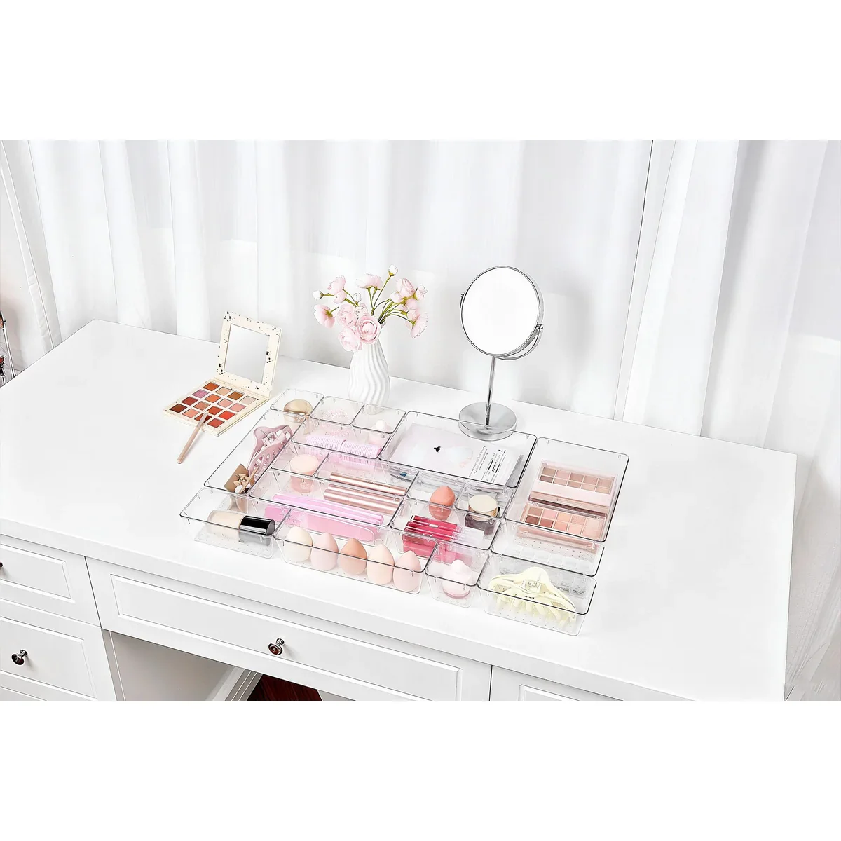 25 PCS Clear Plastic Drawer Organizers Set, 4 Sizes Clear Drawer Organizers & storage Bins for Makeup/Jewelry Vanity, Kitchen Gadgets Or Office Desk. Bathroom Drawer Organizer Trays - Image 5