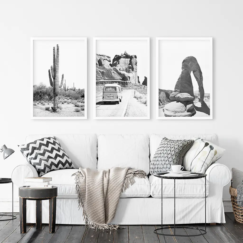 3 Piece Desert Black White Travel Photo. Cactus, Arches, Bus - Image 2