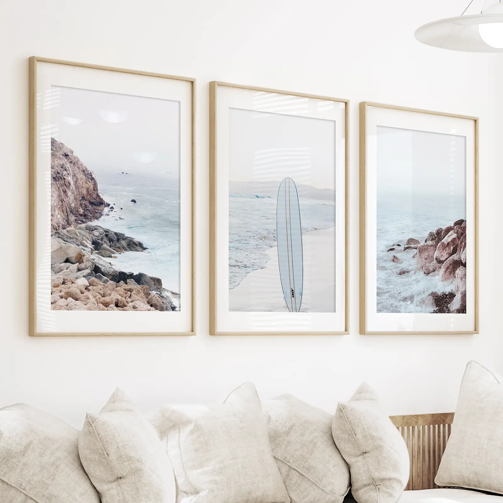 3 Piece Surf Wall Art. Surfboard, Blue Ocean Beach, Rocks - Image 3