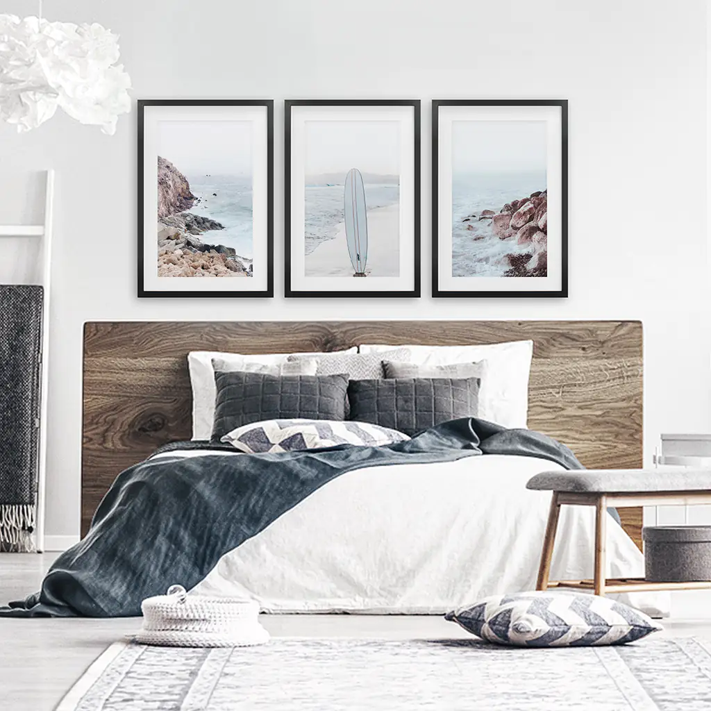 3 Piece Surf Wall Art. Surfboard, Blue Ocean Beach, Rocks - Image 4