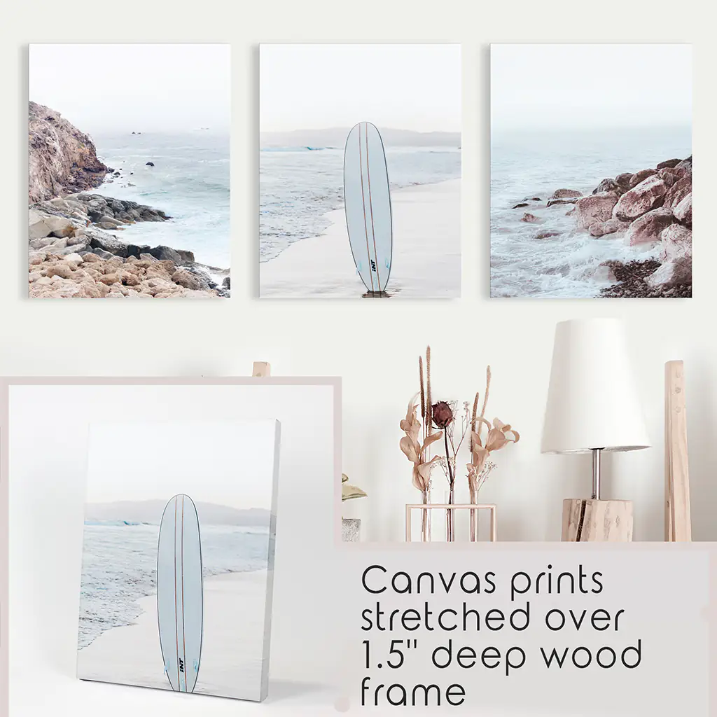 3 Piece Surf Wall Art. Surfboard, Blue Ocean Beach, Rocks - Image 9