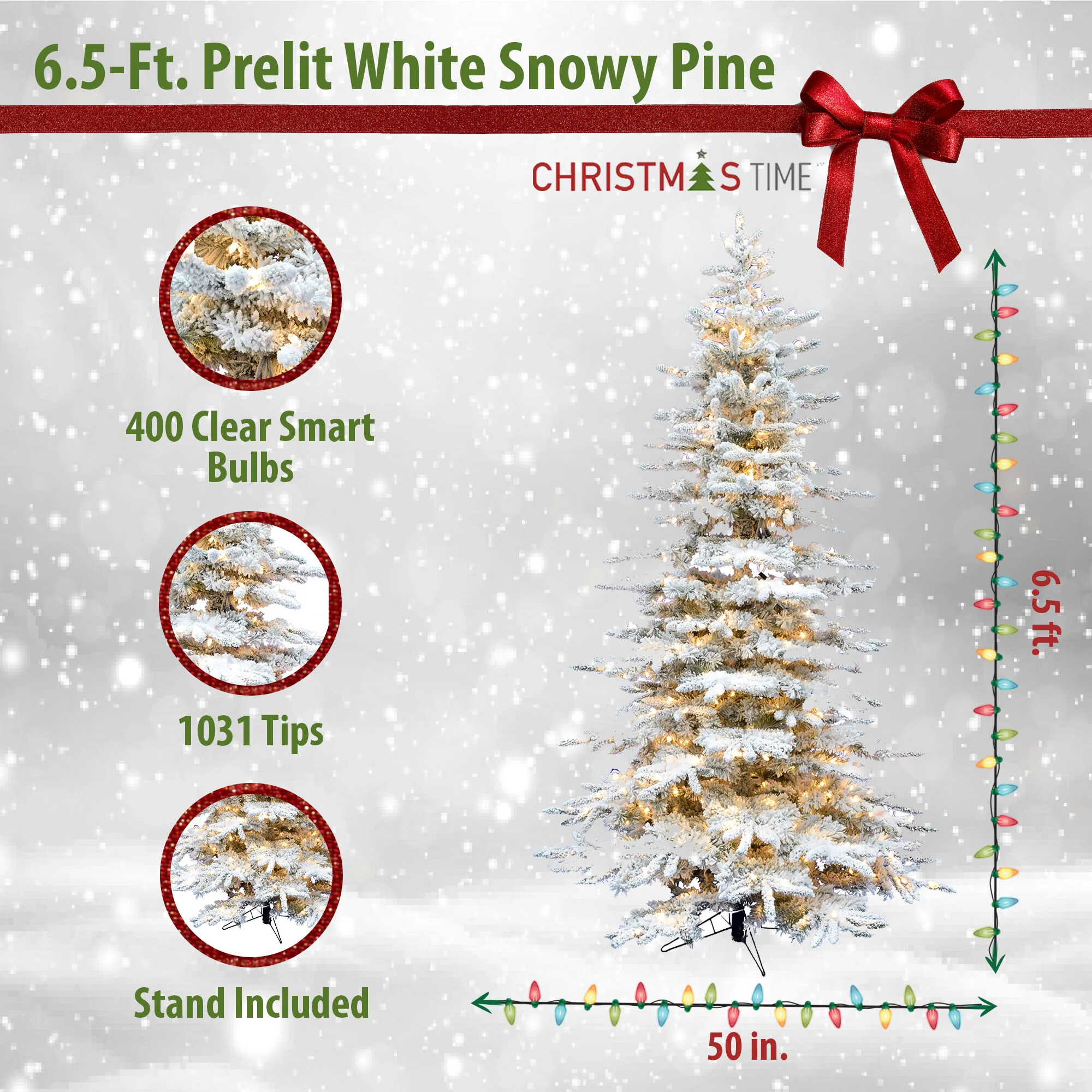 6.5-Ft. White Pine Snowy Artificial Christmas Tree with Clear Smart String Lighting