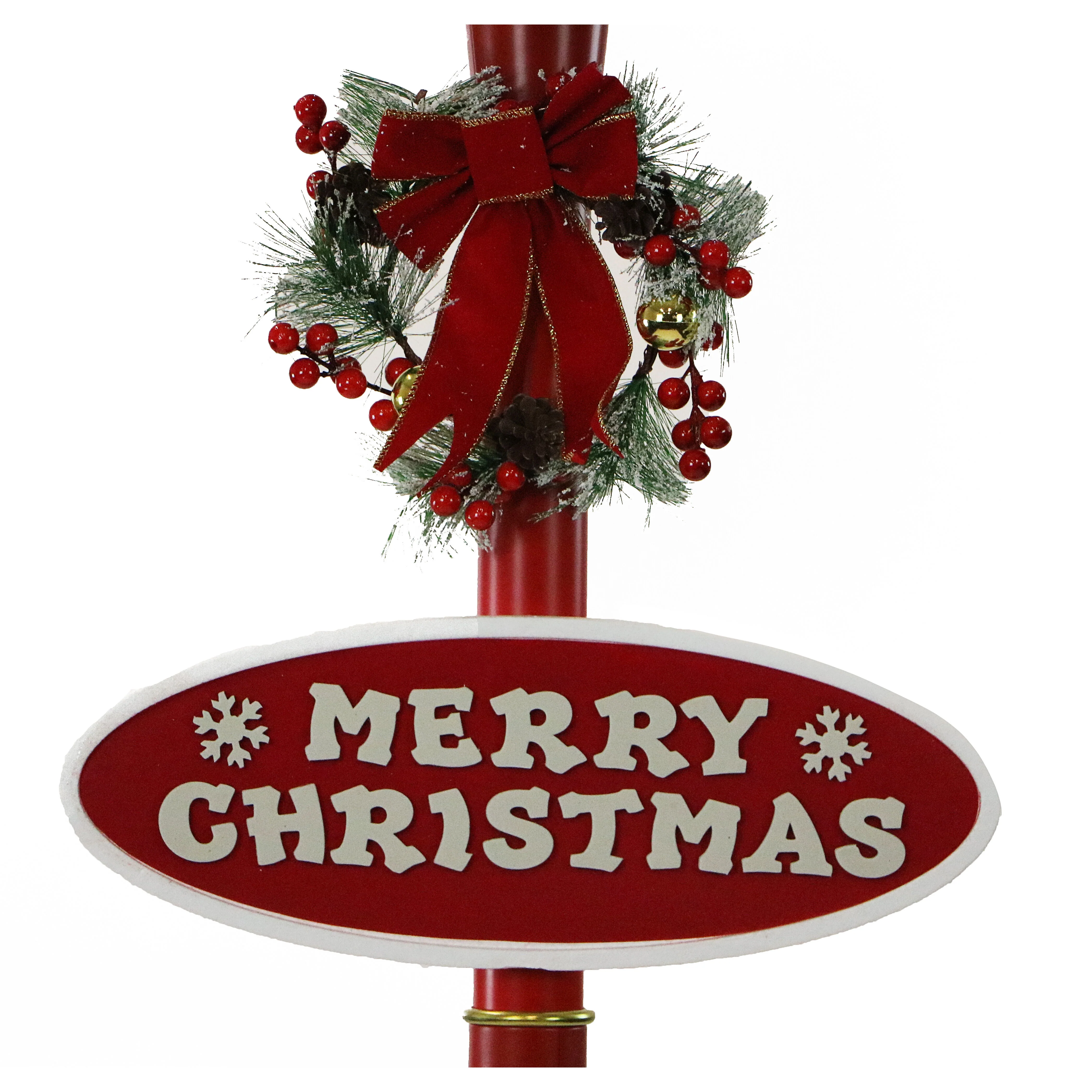 69-In. Musical Snow Globe Lamp Post with Santa Scene, 2 Signs, Cascading Snow, and Christmas Carols, Red - Image 2