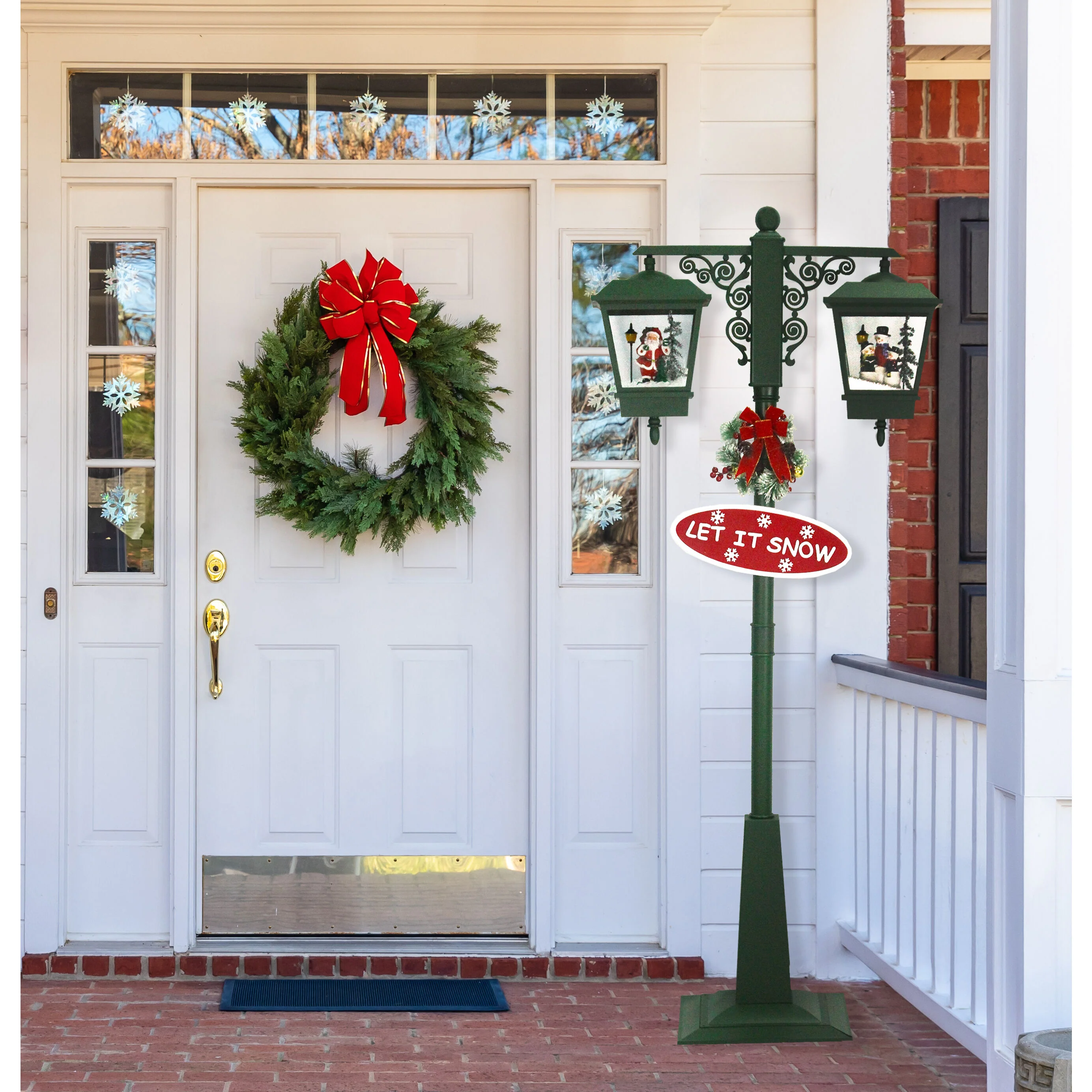 74-In. Musical Christmas Dual-Lantern Street Lamp with Santa, Snowman, 1 Sign, and Cascading Snow, Green