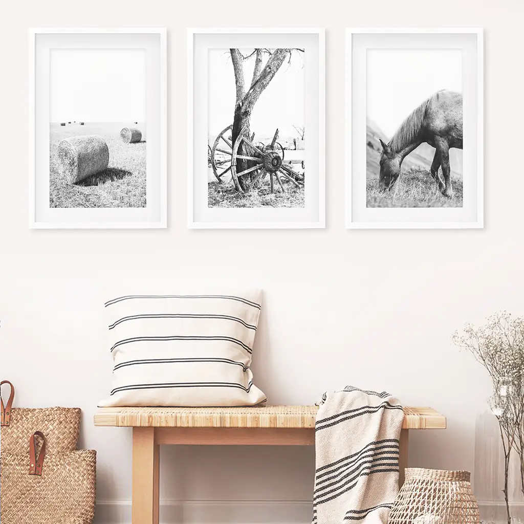 Black White Farm House Wall Décor. Horse, Hay Bales - Image 3