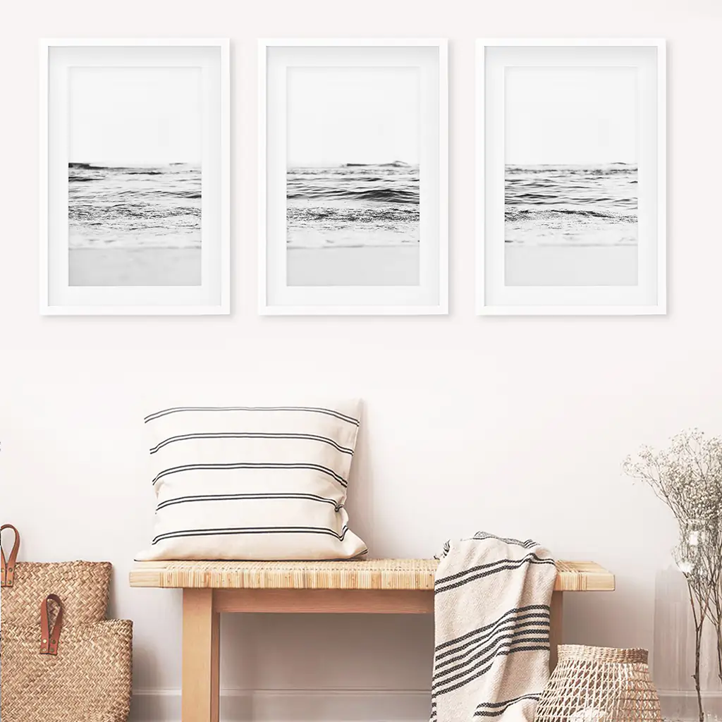 Black White Minimalist Beach Wave Wall Art. 3 Piece Decor - Image 5