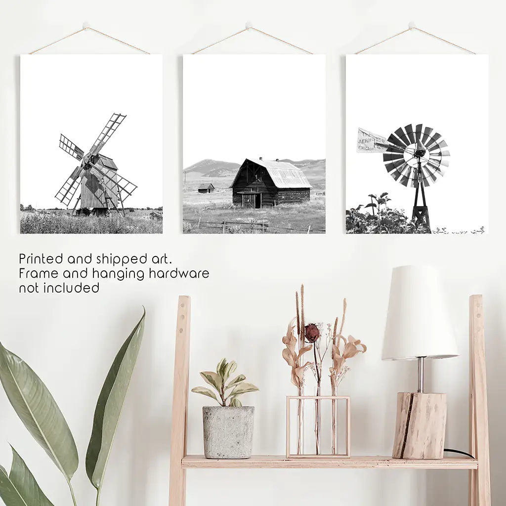 Black White Set of 3 Farm Style Prints. Windmill, Barn, Vane - Image 10