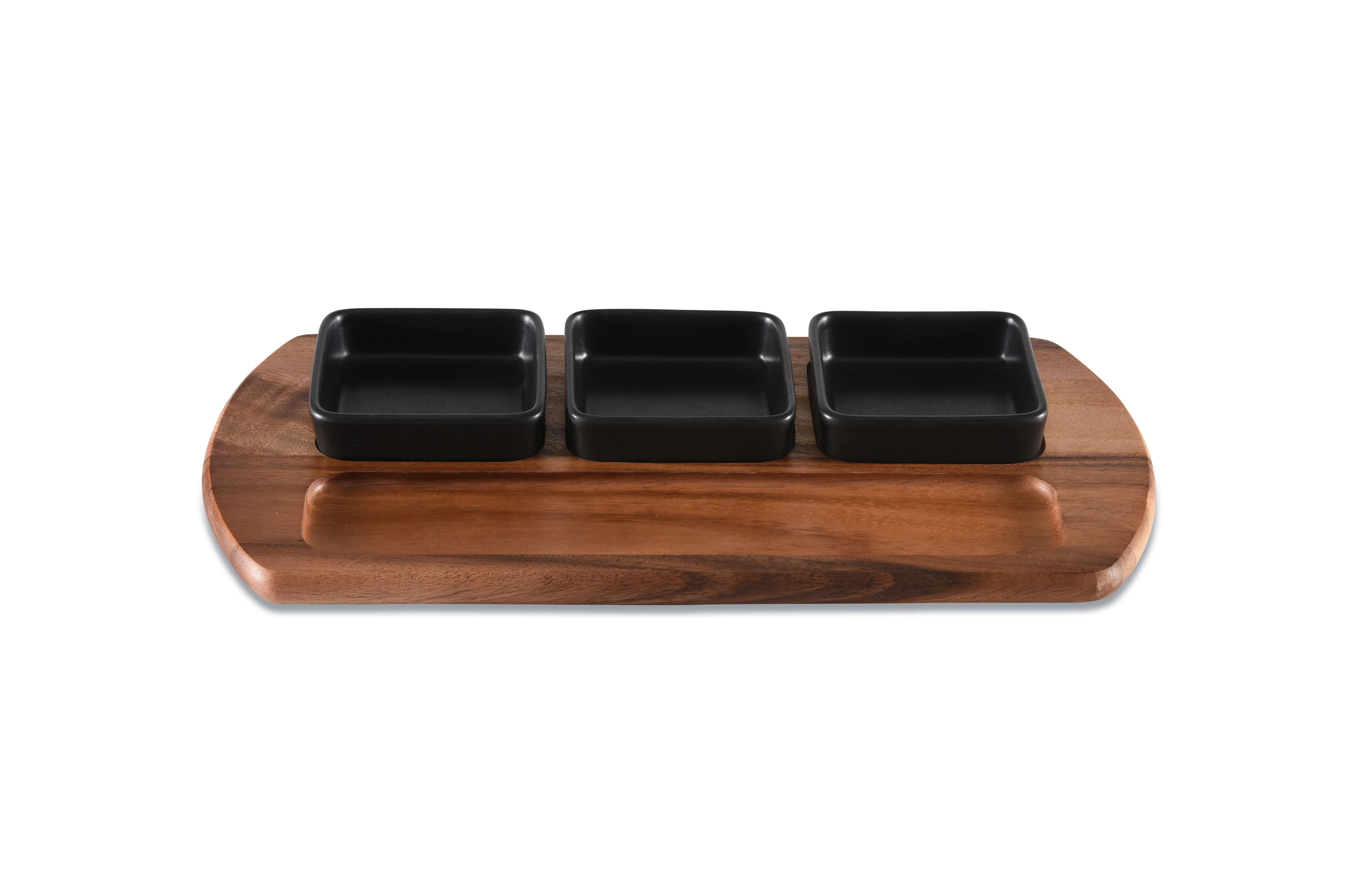 Charcuterie/ Serving Tray w/ 3 black square ceramic bowls - Image 2