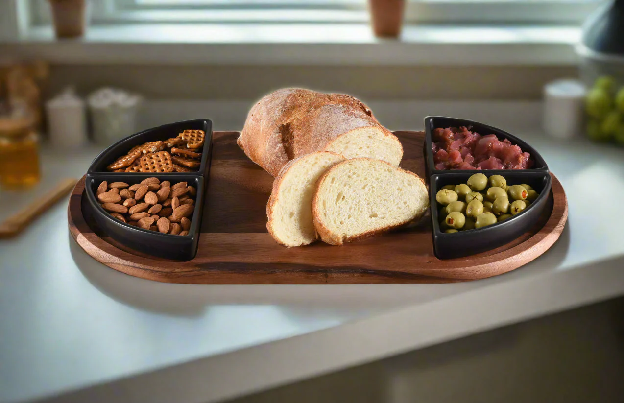 Charcuterie / Serving Tray w/ 4 Triangular Ceramic Bowls - Image 5