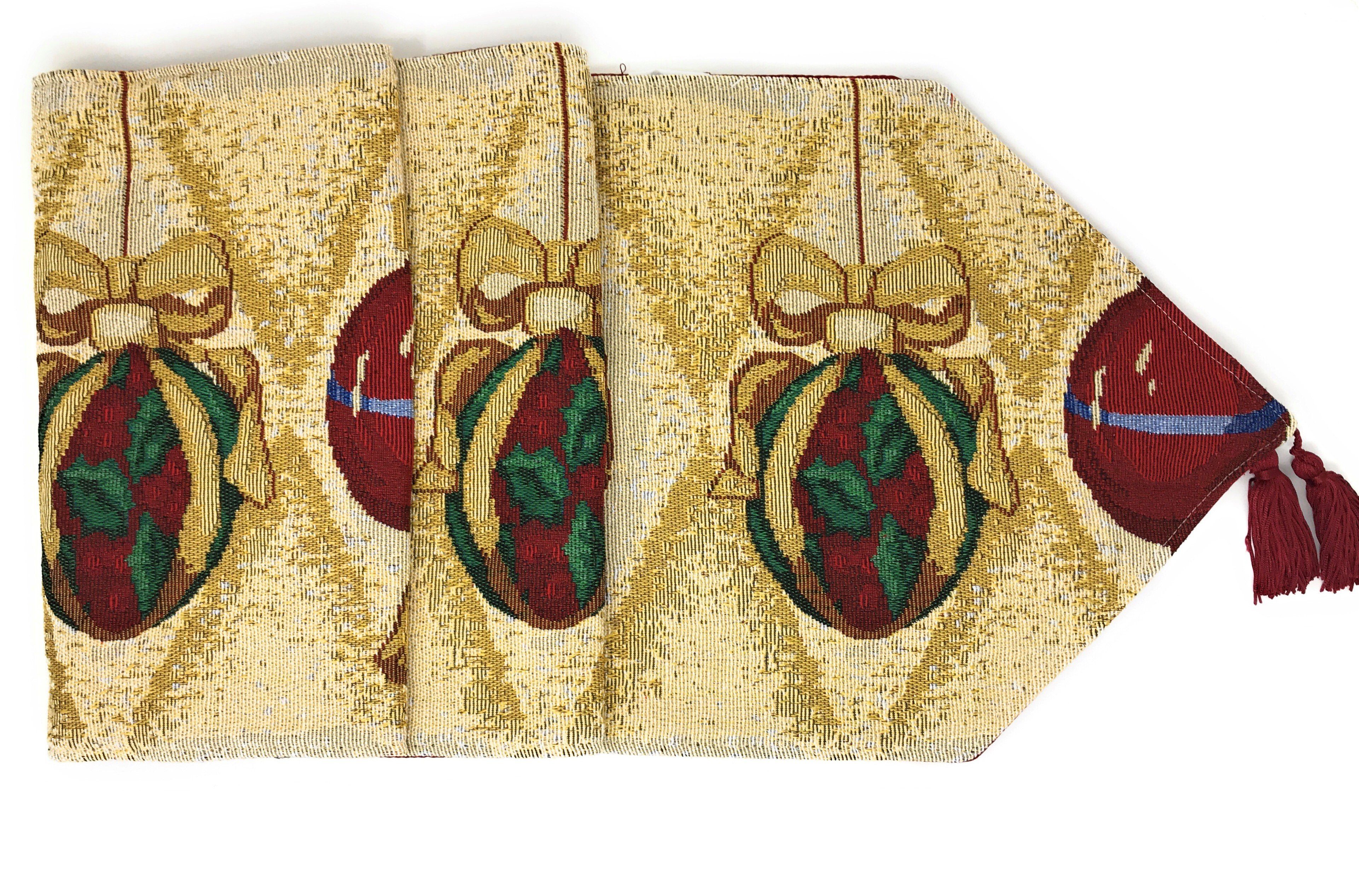 Elegant Christmas Ornaments Gold Red Tapestry Dining Table Runner (6139) - Image 3