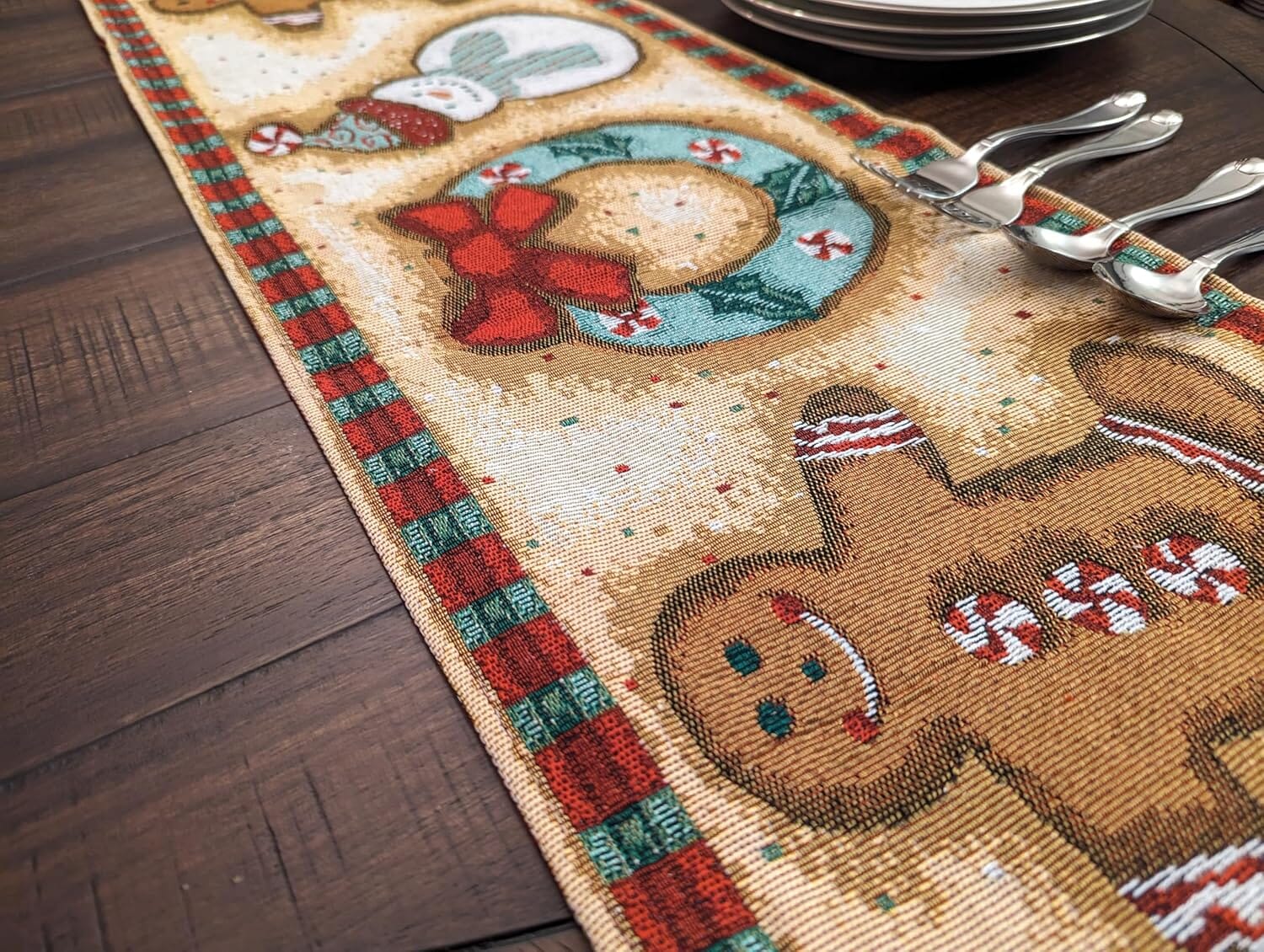 Gingerbread Snowman Holiday Woven Tapestry Dining Table Runner (12917) - Image 5