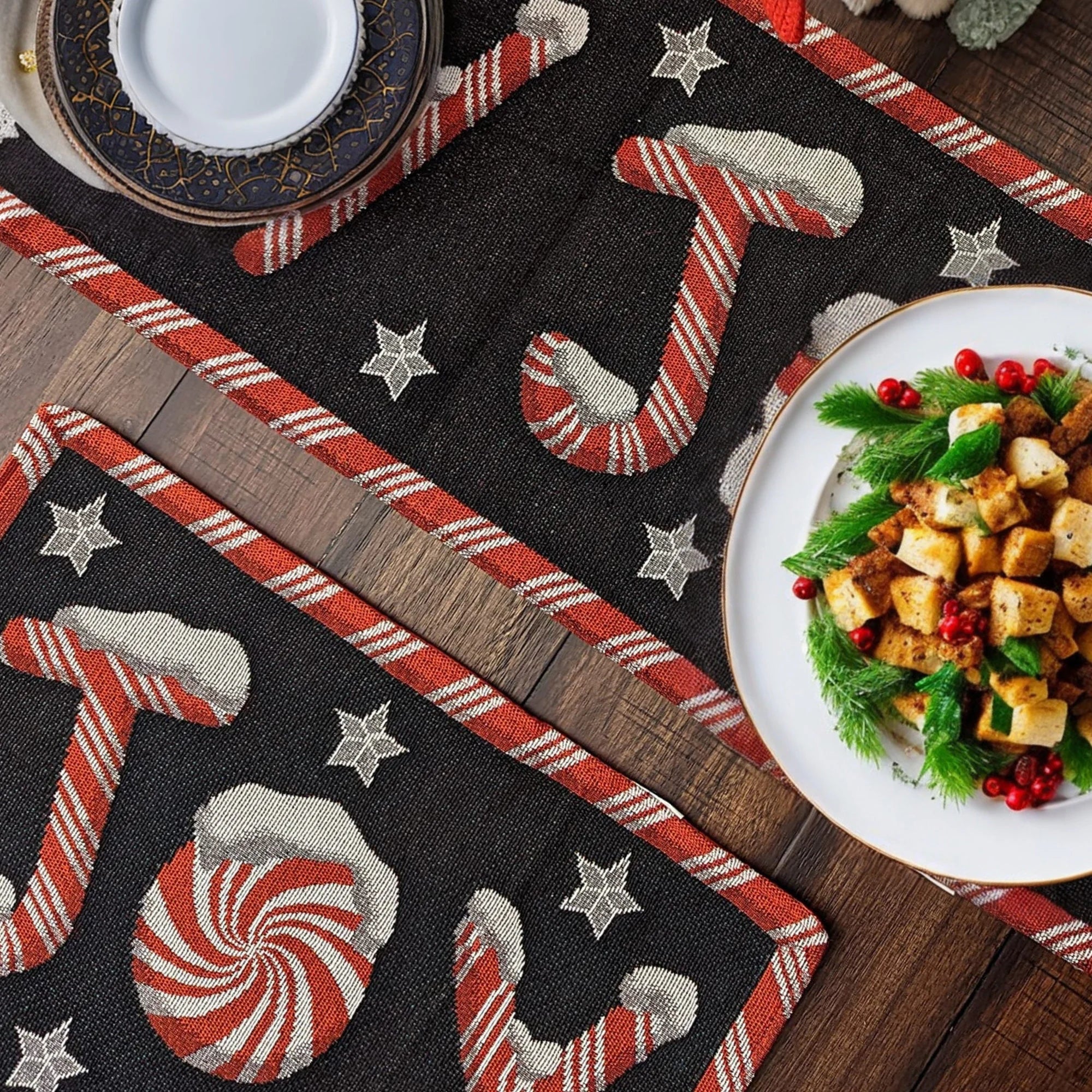 Peppermint Joy Red Black Holiday Tapestry Dining Table Runner (12904) - Image 7