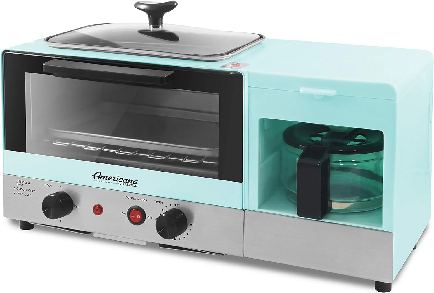 Elite Gourmet Americana 2 Slice, 9.5" Griddle with Glass Lid, 3-in-1 Breakfast Center Station, 4-Cup Coffeemaker, Toaster Oven with 15-Min Timer, Heat Selector Mode, Blue - Image 2
