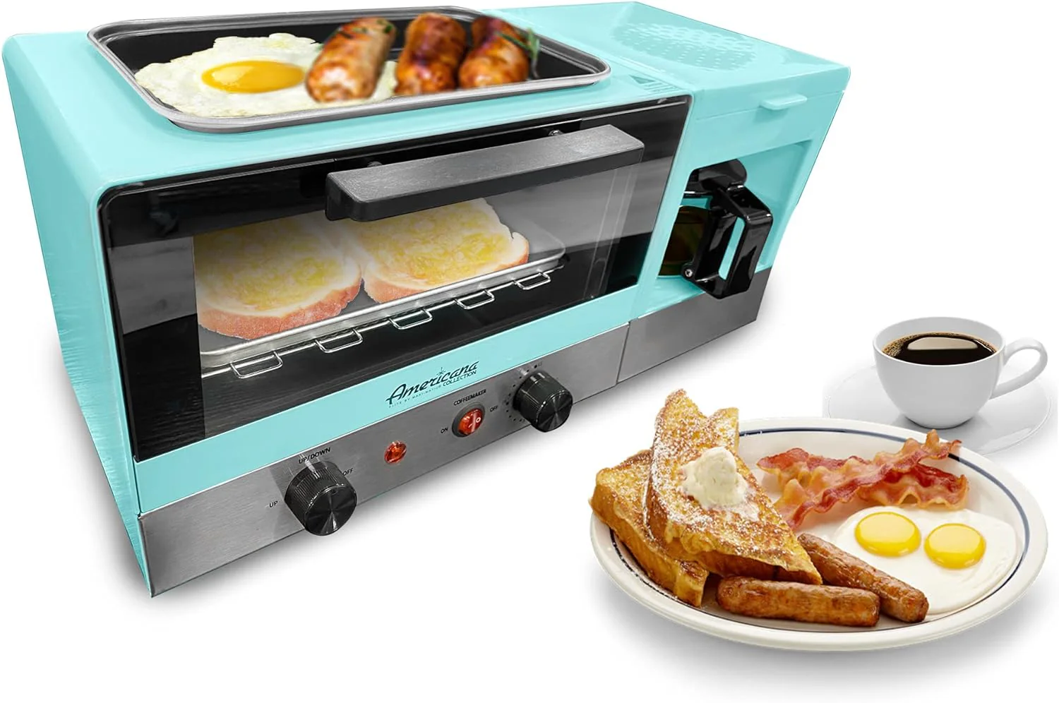 Elite Gourmet Americana 2 Slice, 9.5" Griddle with Glass Lid, 3-in-1 Breakfast Center Station, 4-Cup Coffeemaker, Toaster Oven with 15-Min Timer, Heat Selector Mode, Blue - Image 3