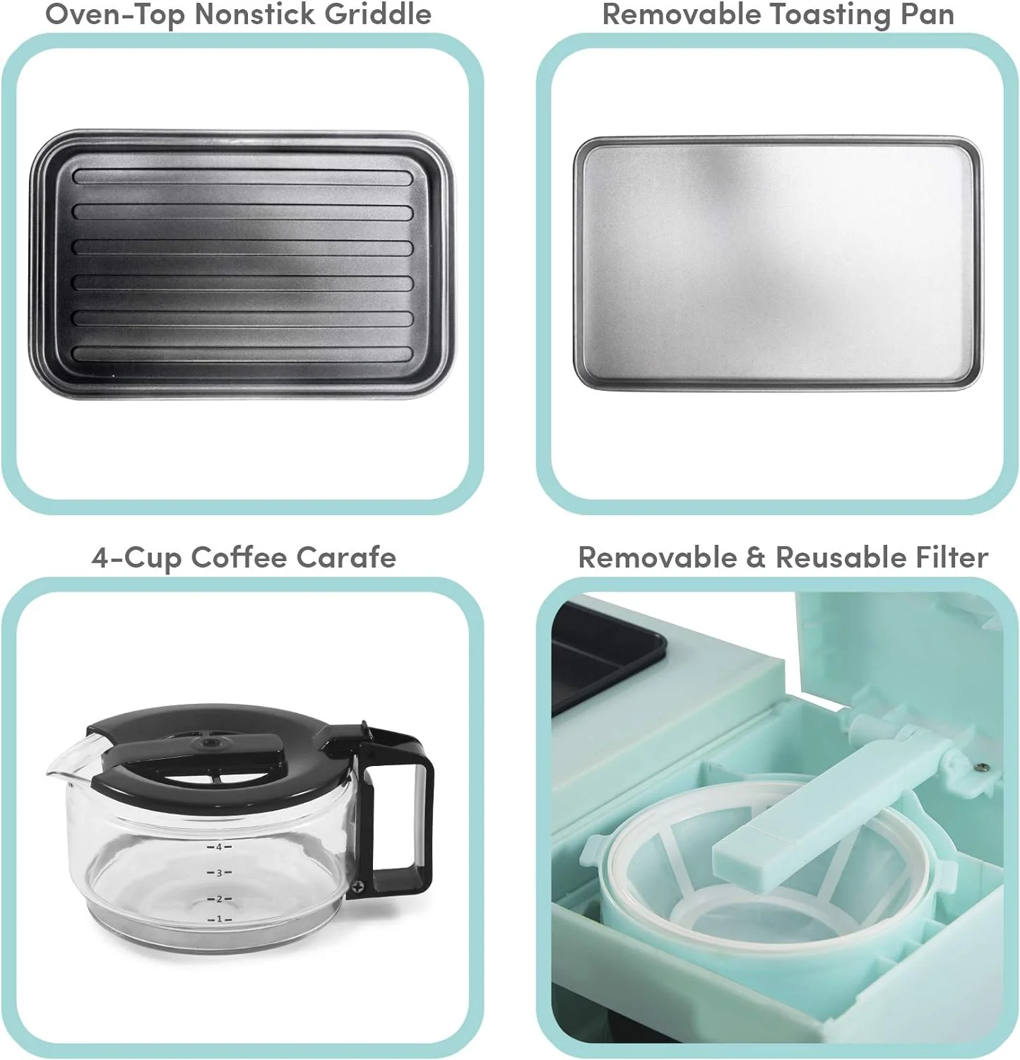 Elite Gourmet Americana 2 Slice, 9.5" Griddle with Glass Lid, 3-in-1 Breakfast Center Station, 4-Cup Coffeemaker, Toaster Oven with 15-Min Timer, Heat Selector Mode, Blue - Image 4