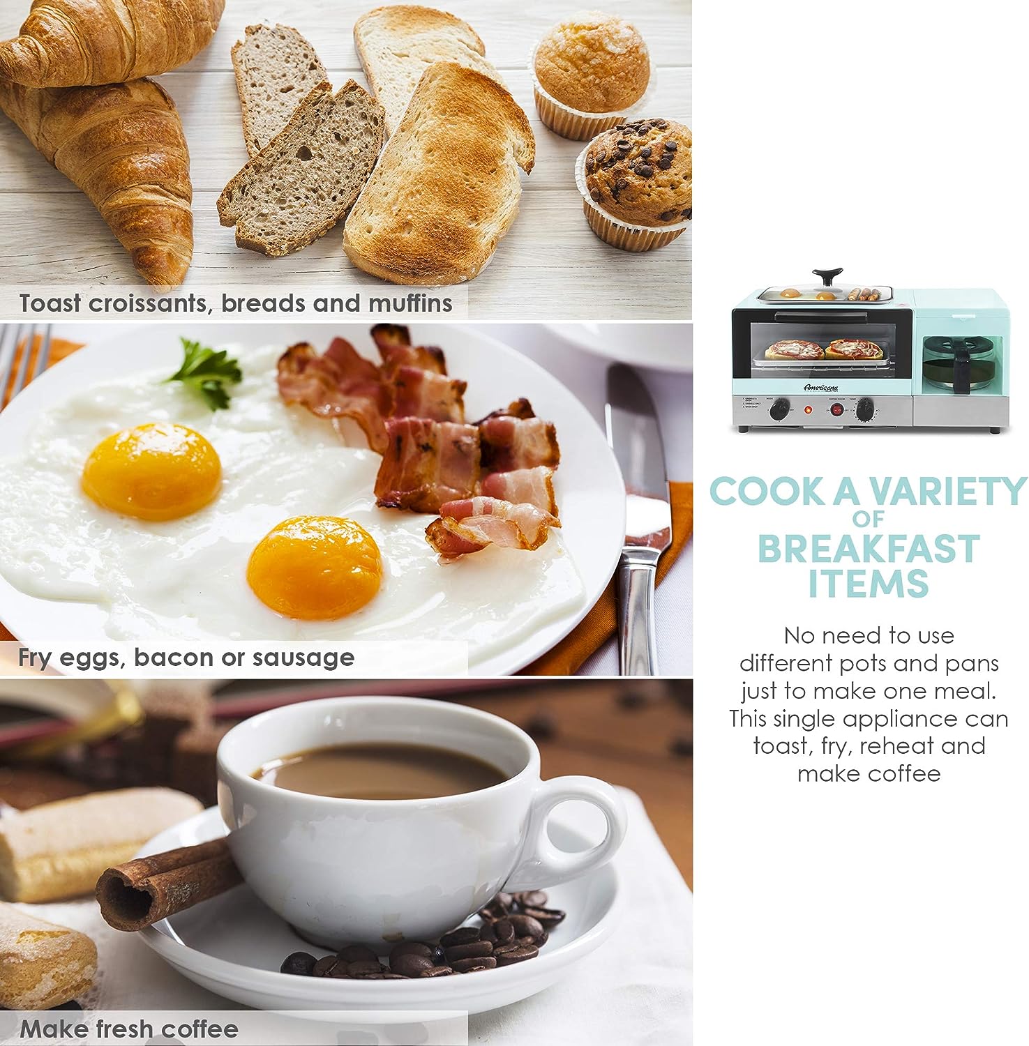 Elite Gourmet Americana 2 Slice, 9.5" Griddle with Glass Lid, 3-in-1 Breakfast Center Station, 4-Cup Coffeemaker, Toaster Oven with 15-Min Timer, Heat Selector Mode, Blue - Image 5