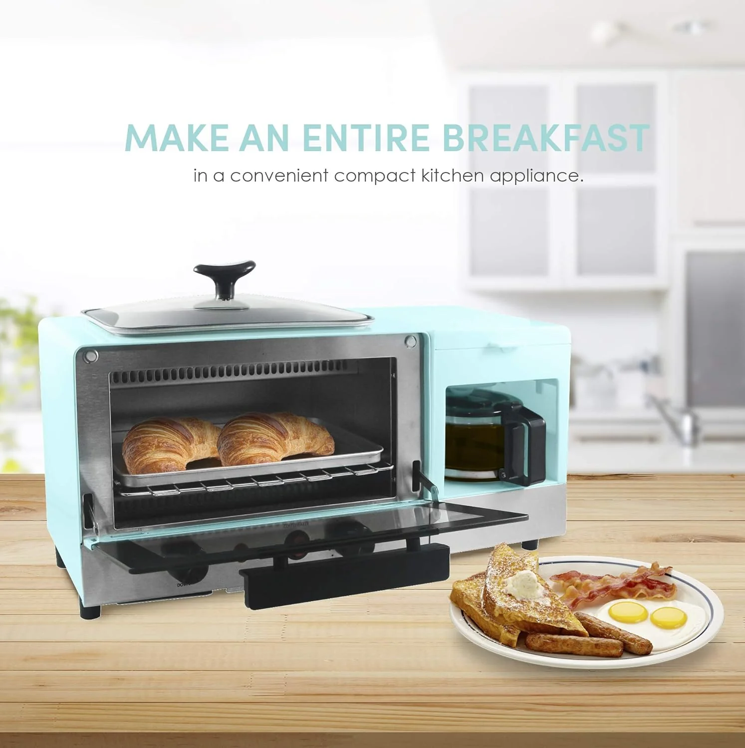 Elite Gourmet Americana 2 Slice, 9.5" Griddle with Glass Lid, 3-in-1 Breakfast Center Station, 4-Cup Coffeemaker, Toaster Oven with 15-Min Timer, Heat Selector Mode, Blue - Image 6