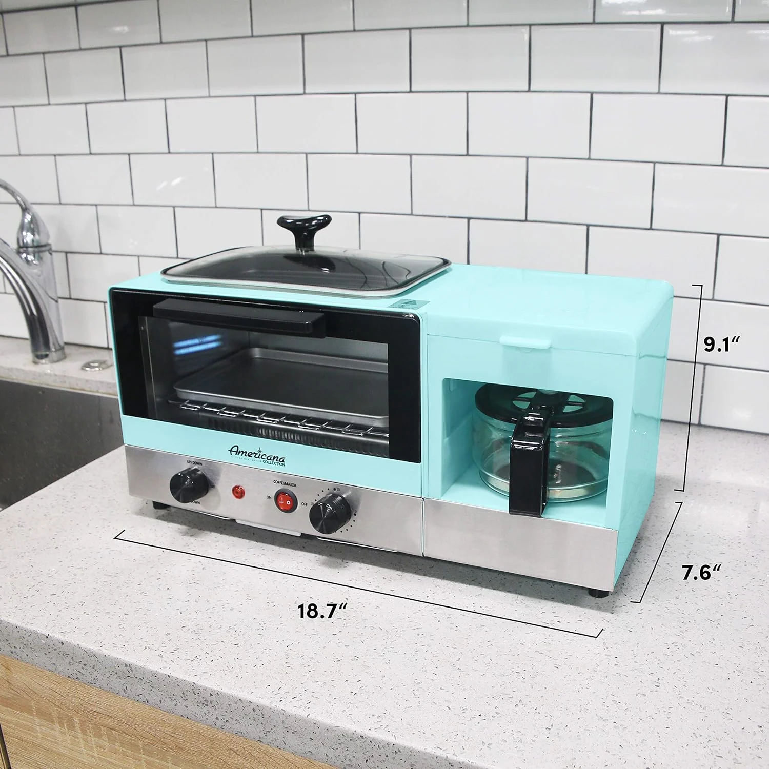 Elite Gourmet Americana 2 Slice, 9.5" Griddle with Glass Lid, 3-in-1 Breakfast Center Station, 4-Cup Coffeemaker, Toaster Oven with 15-Min Timer, Heat Selector Mode, Blue - Image 7