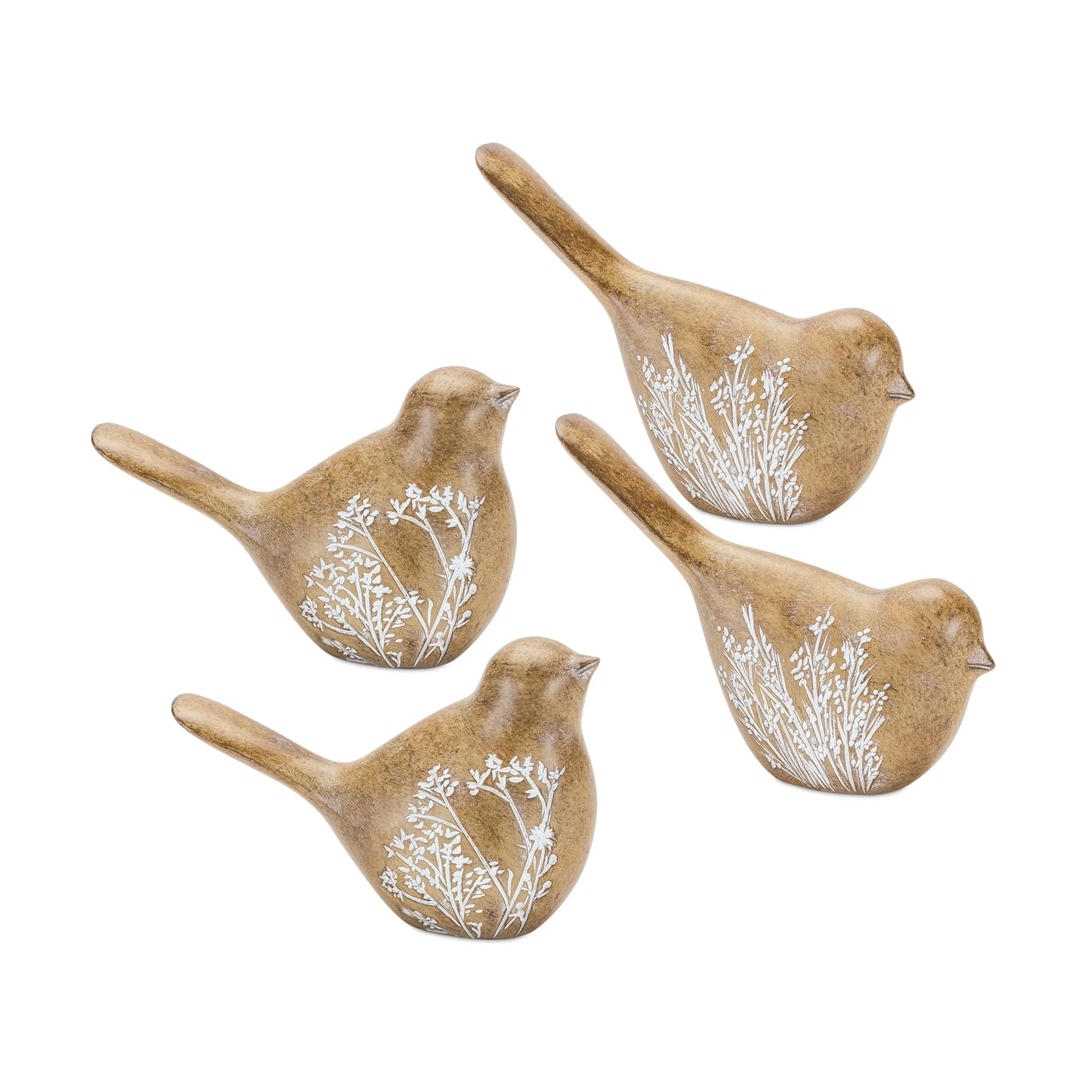 Floral etched bird figurine with wood grain design (set of 4)