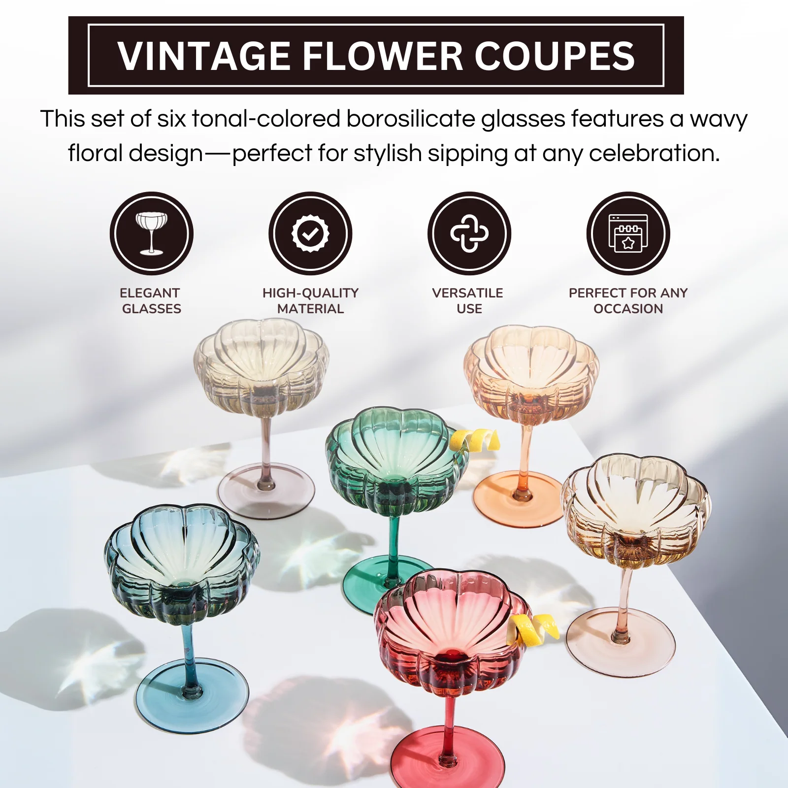 Flower Coupe Cocktail Colored Glasses | Set of 6 | Muted - Image 5