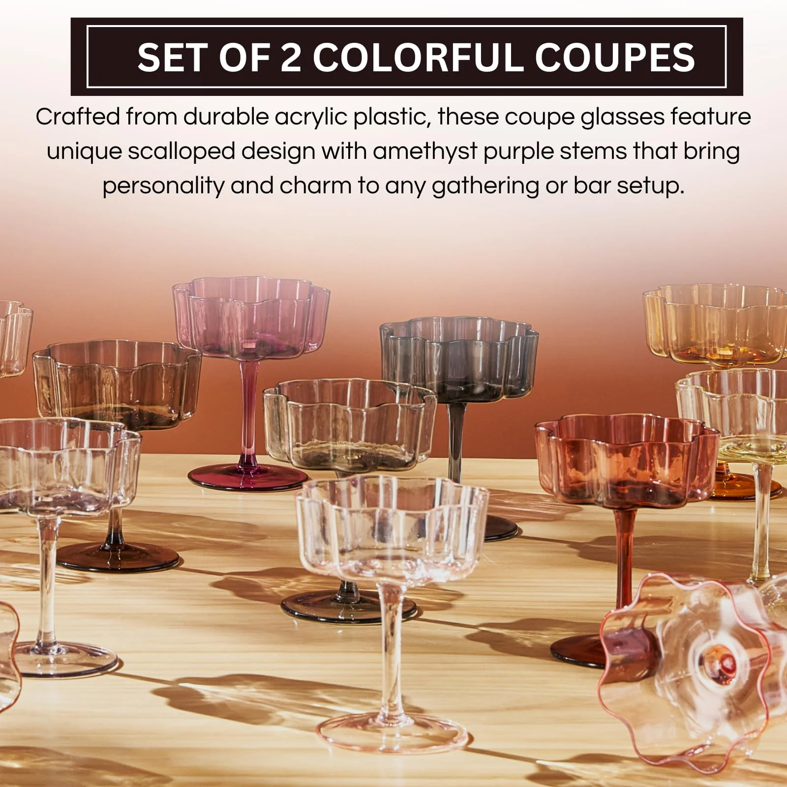 Flower Wave Coupe Cocktail Colored Glasses | Set of 2 | Amethyst Purple - Image 6