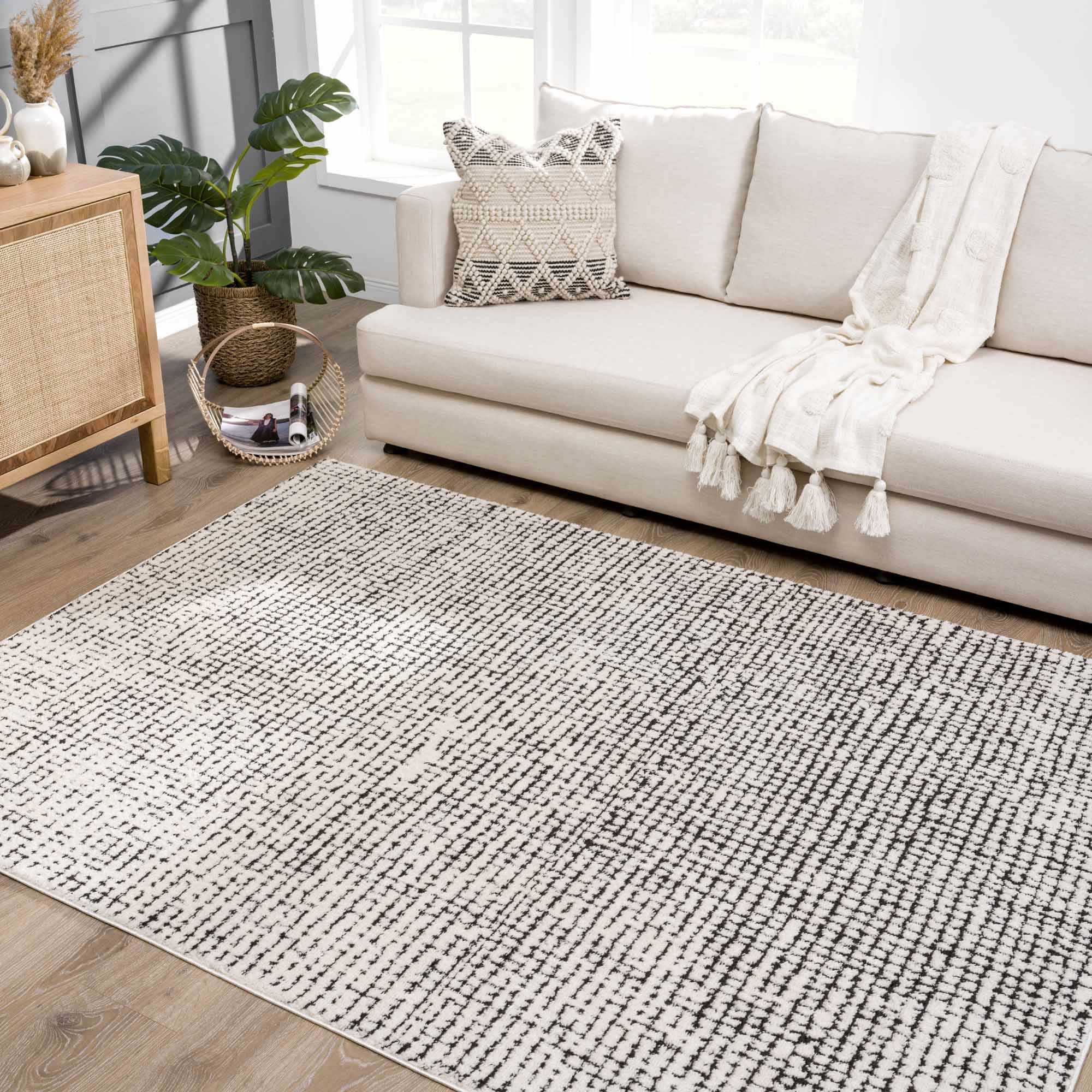 Keita Cream & Black Grid Plush Rug - Image 22