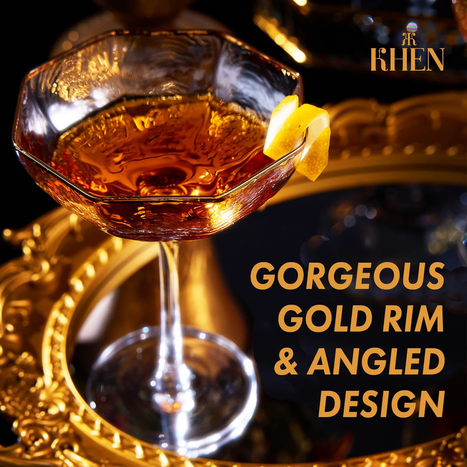 Khen Champagne Coupe Glasses Set of 4 Vintage Octagonal Gold Rim Elegant Art Glass Cocktail Goblets - 6oz Clear Gold Rim - Image 4