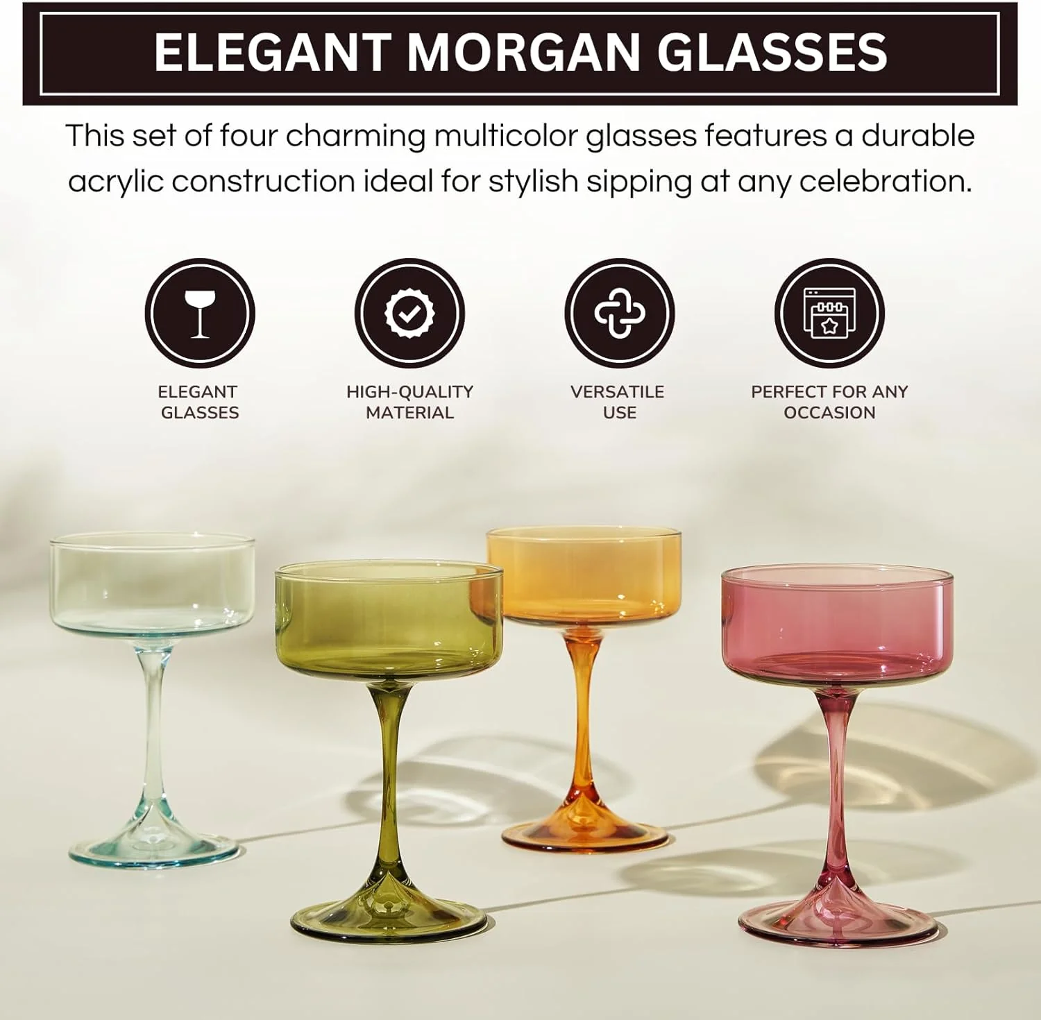 Khen Champagne Coupes Morgan Set Vibrant Stemware Drinkware for Parties - Set of 4 Multicolor - Image 5