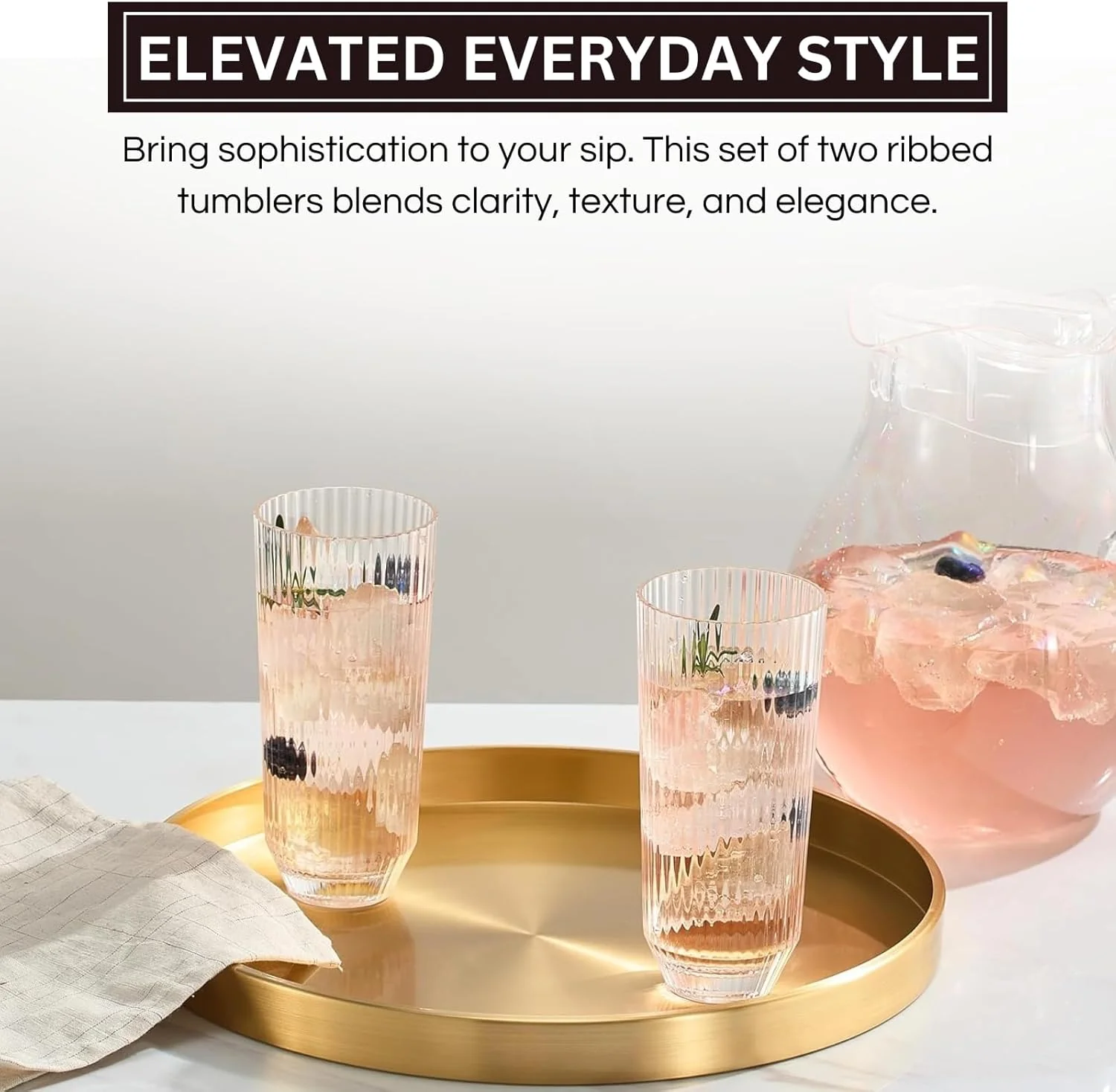 Khen Shatterproof Acrylic Ribbed Drinking Glasses Set, European Style, Dishwasher Safe, Tall | Set of 2 | Clear Tritan Drinkware, Unbreakable BPA-free Plastic, Reusable Stackable Glassware - 12OZ - Image 4