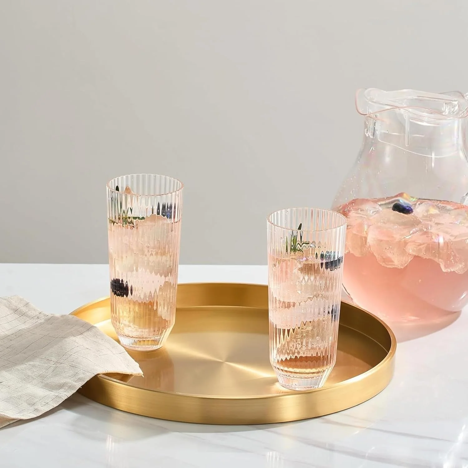 Khen Shatterproof Acrylic Ribbed Drinking Glasses Set, European Style, Dishwasher Safe, Tall | Set of 2 | Clear Tritan Drinkware, Unbreakable BPA-free Plastic, Reusable Stackable Glassware - 12OZ - Image 8