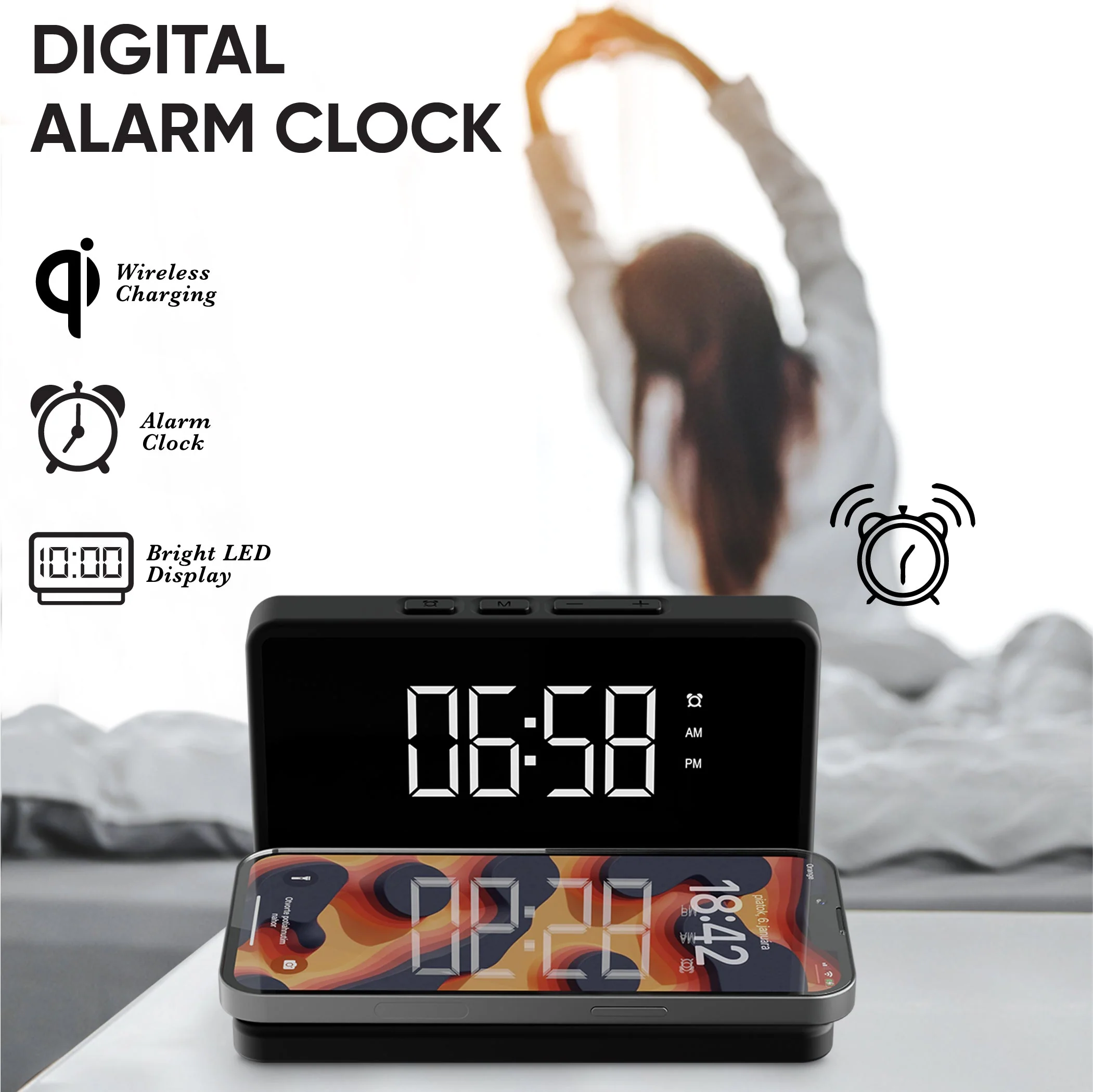 LED Alarm Clock with wireless Charging - Image 3