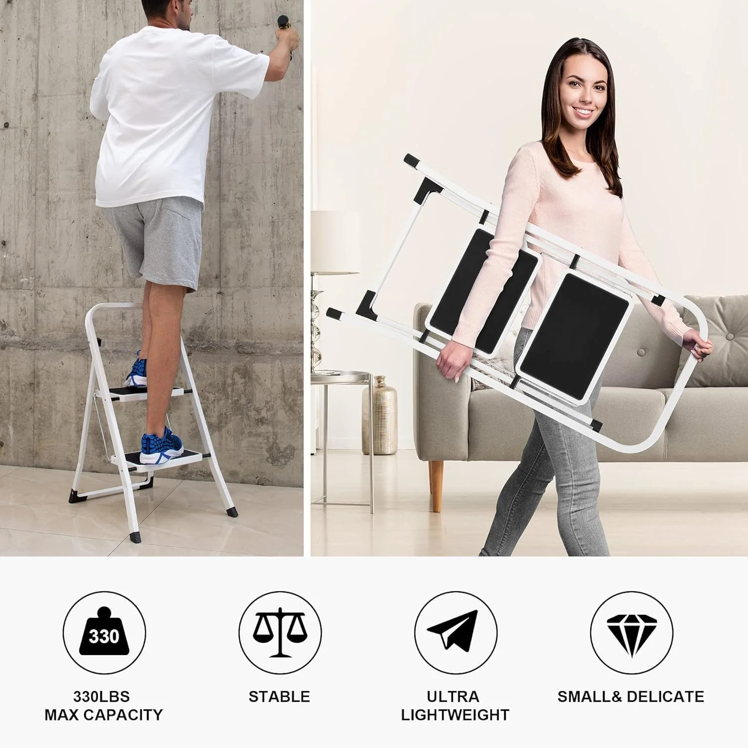 Lightweight Folding Step Stools with Anti-Slip Pedal - 330lbs Capacity (2 or 3 Step) - Image 3