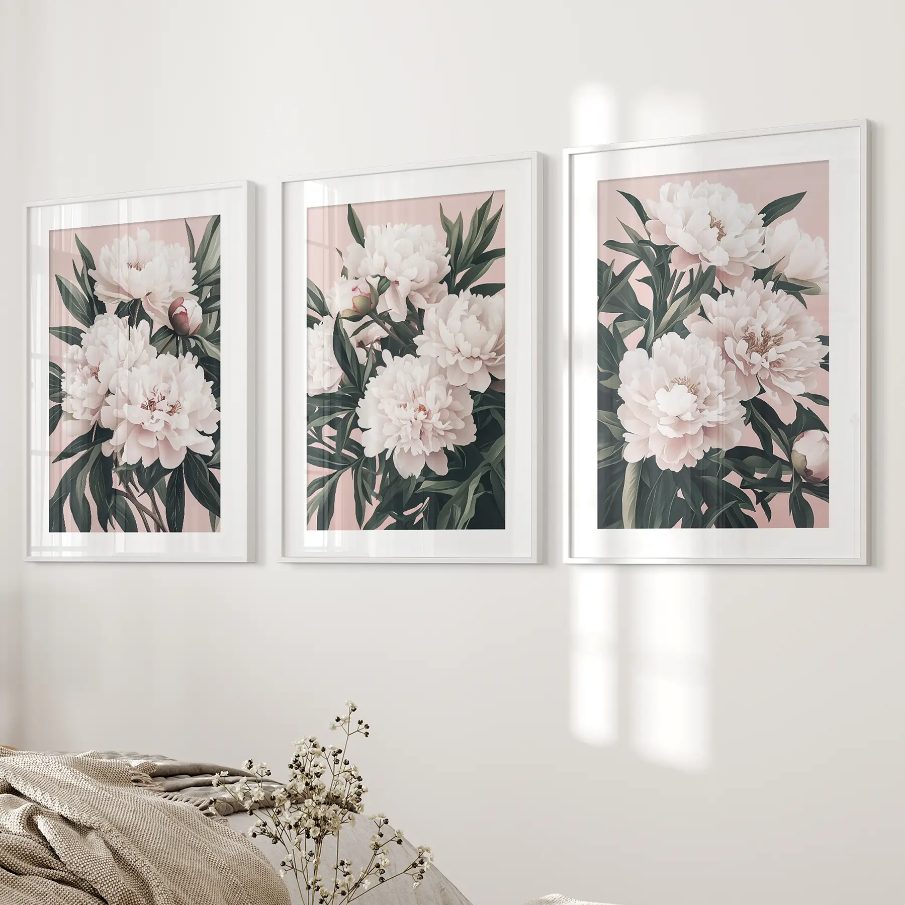 Peonies Flowers Wall Art Set of 3. Pink and Green Decor - Image 4