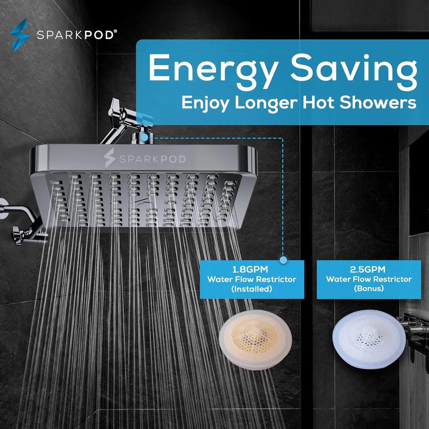 SparkPod Shower Head - High Pressure Rain – 6 inch Square – (Charcoal Grey) - Image 4