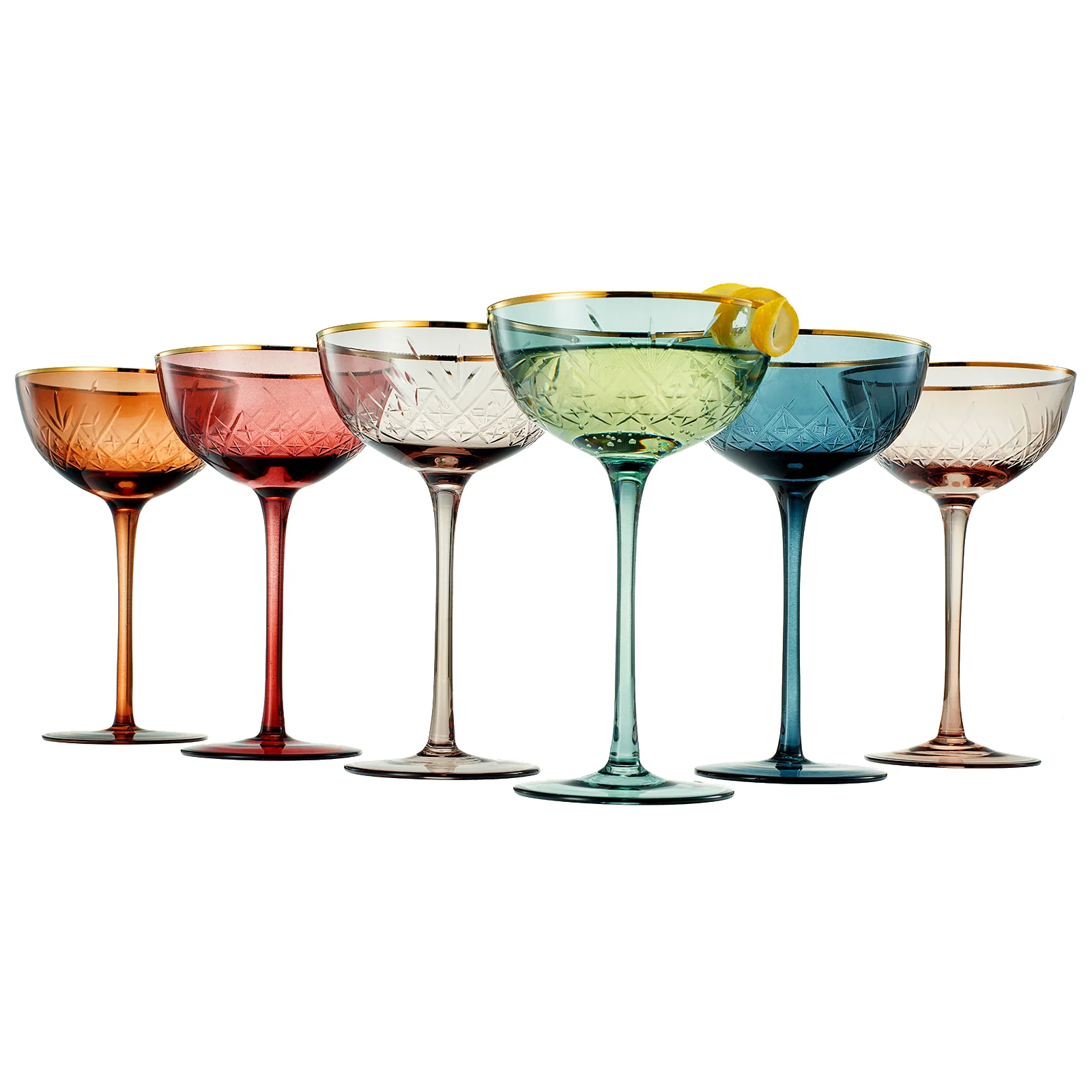 Tonal Gold Rim Champagne Coupe, Cocktail Glassware, Set of 6 - Image 2
